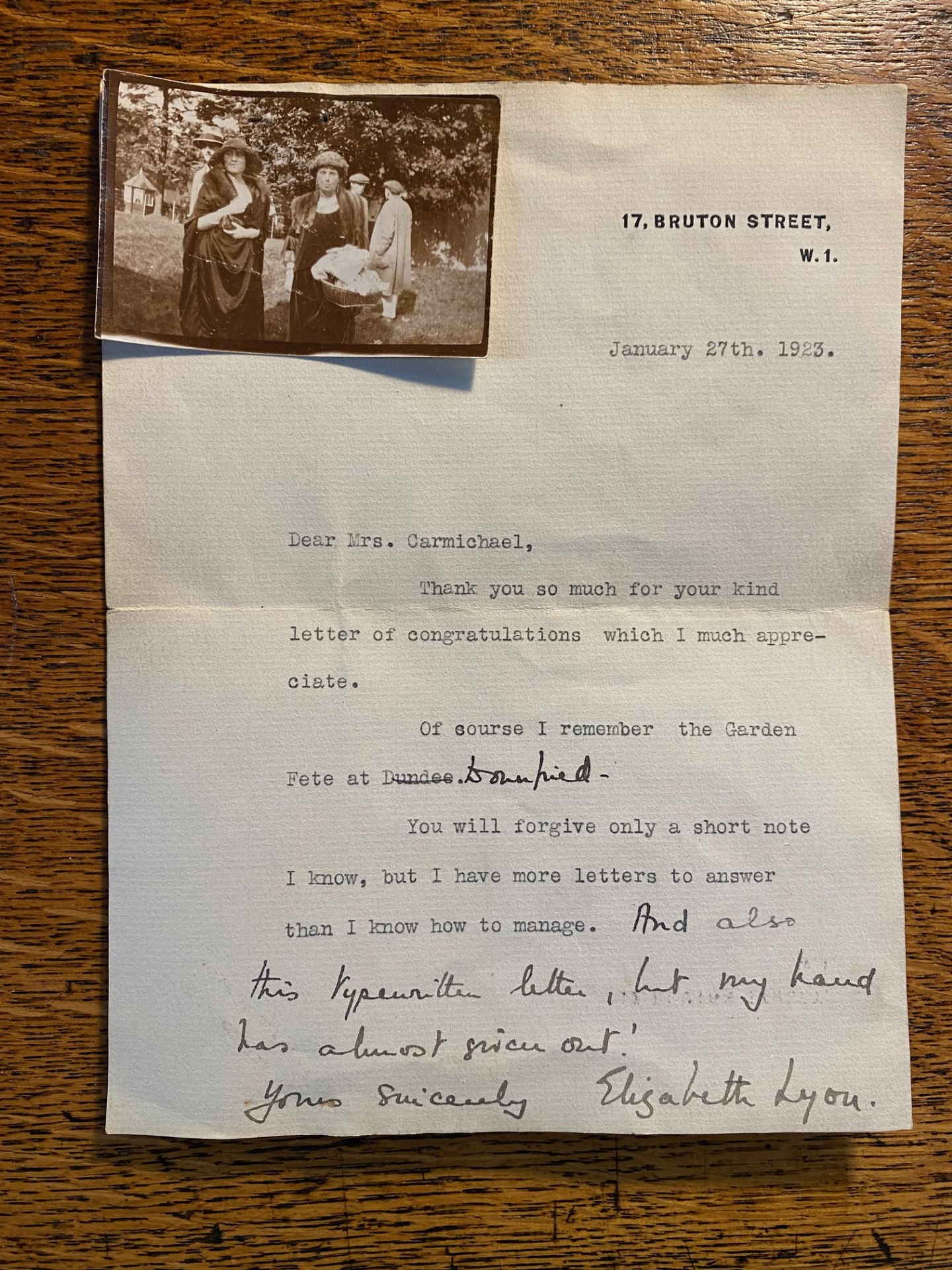 Thank-you letter written by The Queen Mother after her royal engagement in 1923