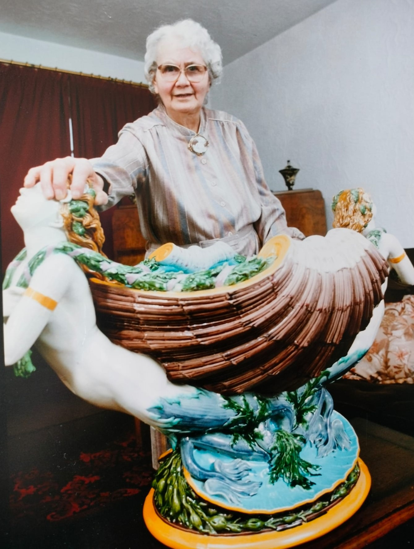 Anne Pincher seen circa 1990 with her Minton majolica
