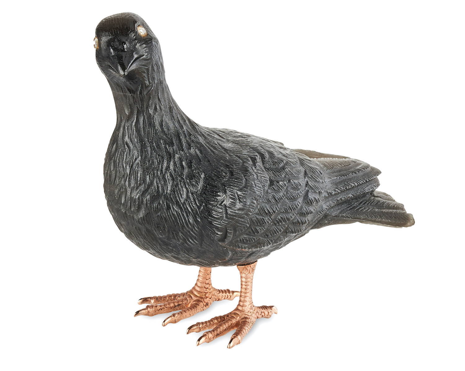 A carved, jewelled gold-mounted obsidian model of a carrier pigeon by Fabergé