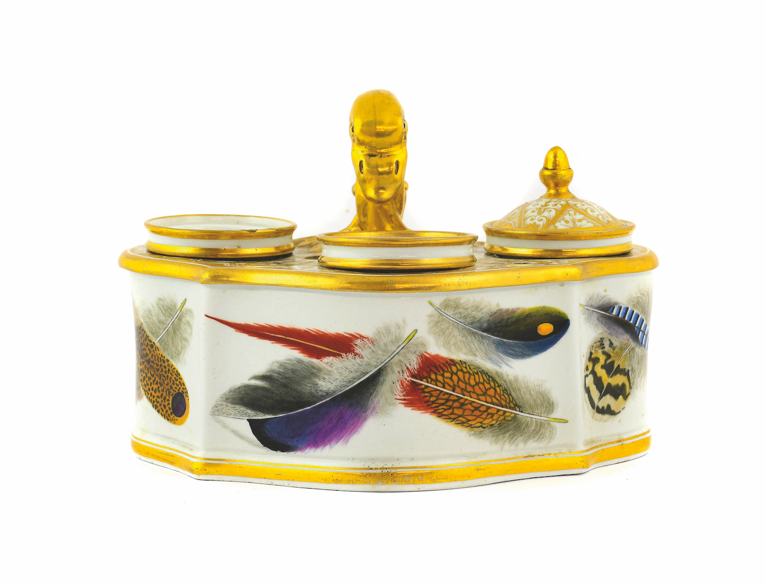 A Flight & Barr Worcester porcelain inkstand, with swan-neck handle, a pounce pot, two inkwells and a cover