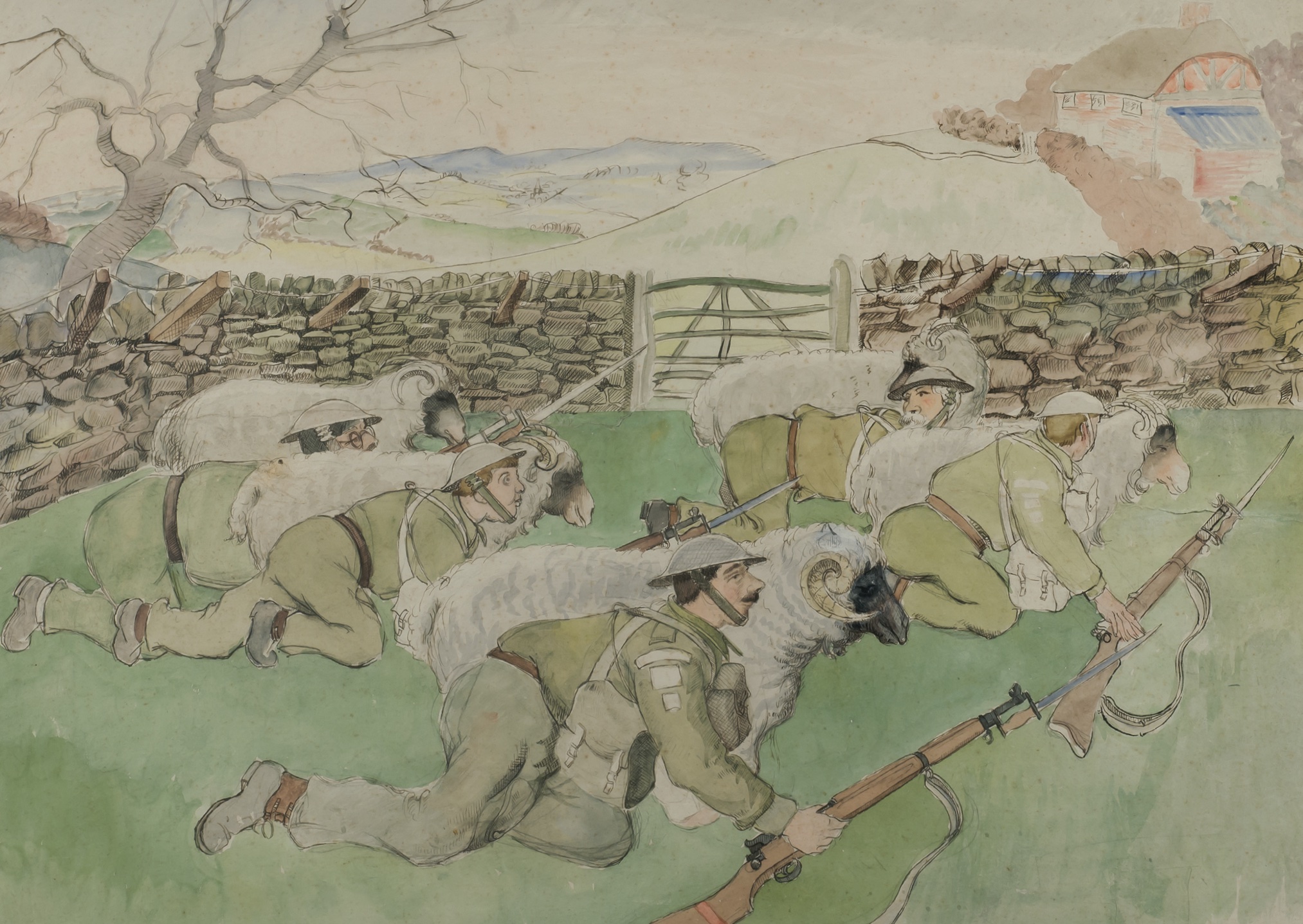 A painting of soldiers and sheep in a field by Gilbert Spencer