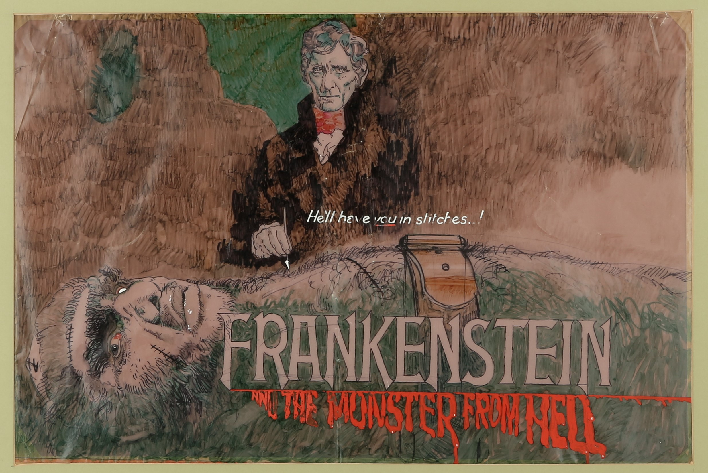 Poster artwork for the horror film 'Frankenstein. The Monster From Hell' (1974) by Tom Chantrell