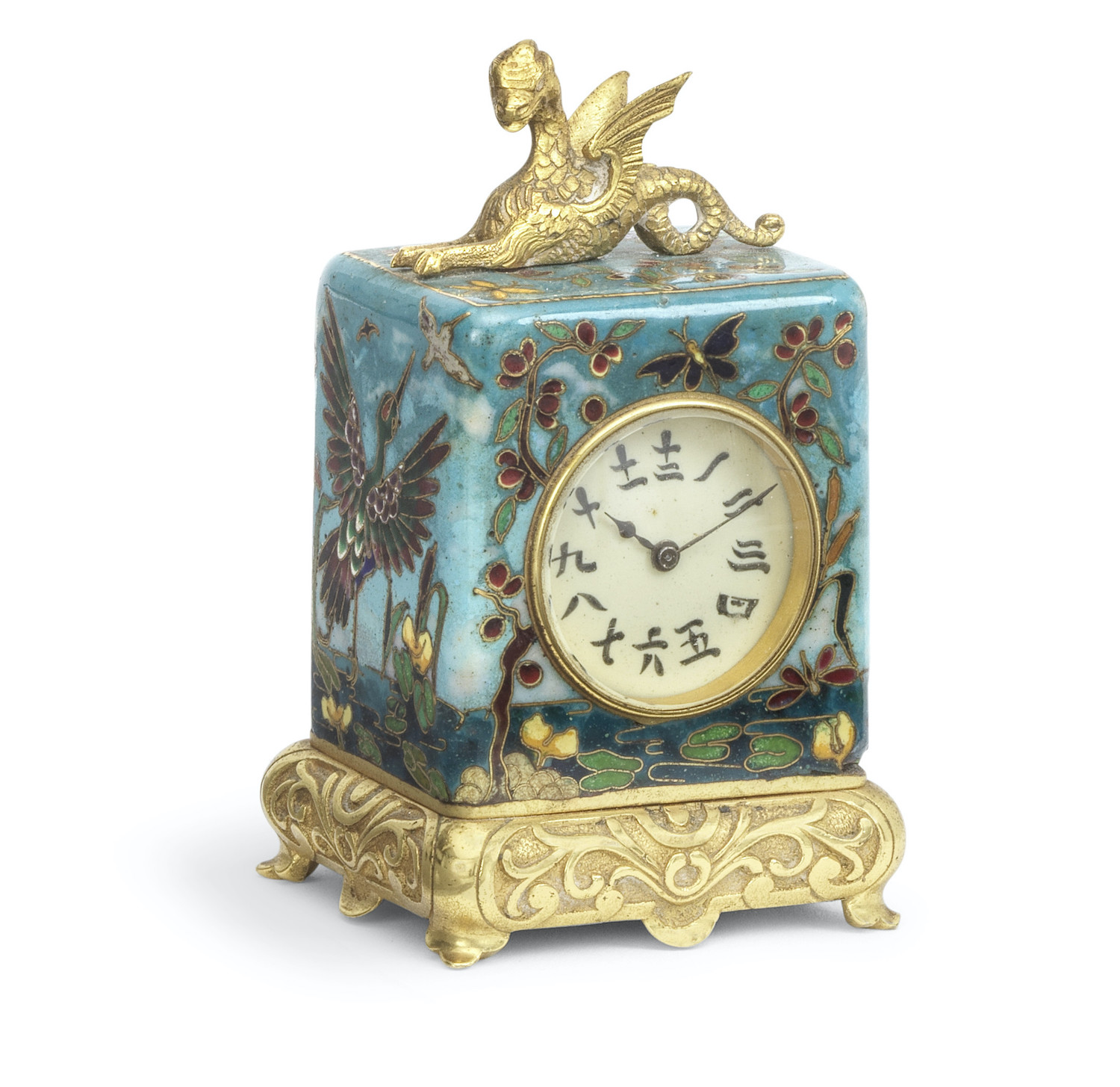 A rare late 19th century French miniature gilt metal, cloisonne enamel decorated carriage timepiece