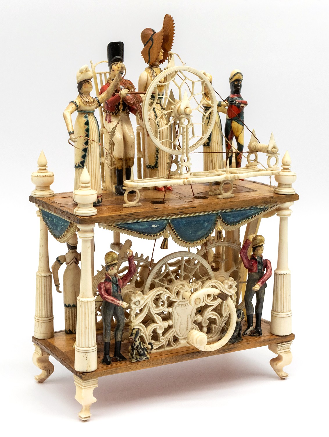 Napoleonic nine-character 'Spinning Jenny' bone automaton, made in circa 1800-1810