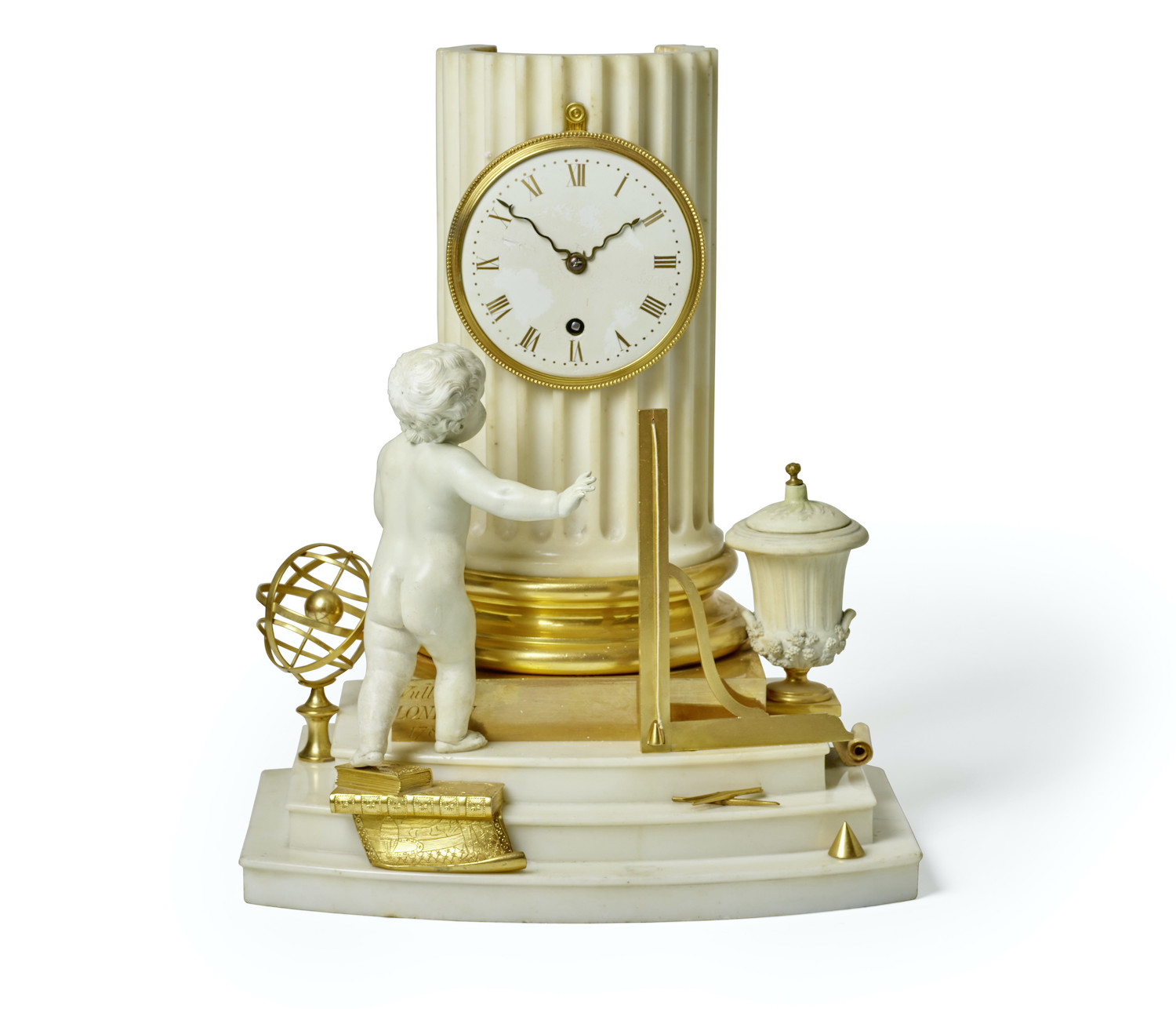 An ormolu-mounted white marble and derby biscuit porcelain mantel timepiece by Benjamin Vulliamy