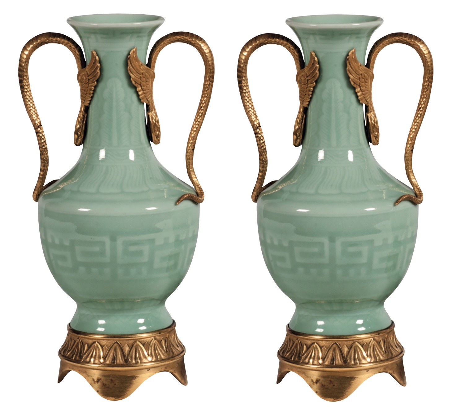 A pair of 18th-century Chinese celadon baluster vases mounted with gilt-bronze