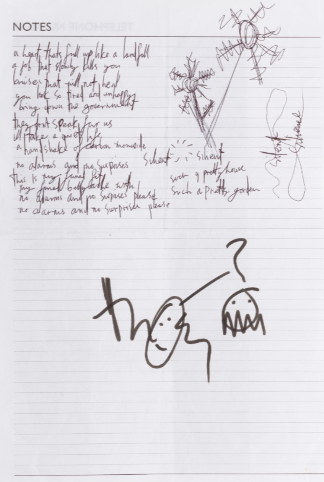 Thom Yorke handwritten lyrics to the song 'No Surprises' from the album 'OK Computer'