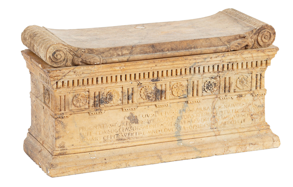 A 19th-century Italian Siena marble model of the sarcophagus of Lucius Cornelius Scipio Barbatus