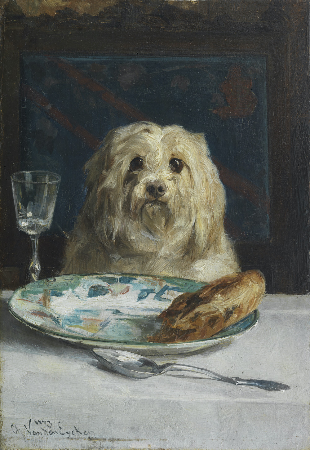 Charles Van den Eycken (Belgian, 1859-1923) Bon appetite - A Maltese at the dinner table