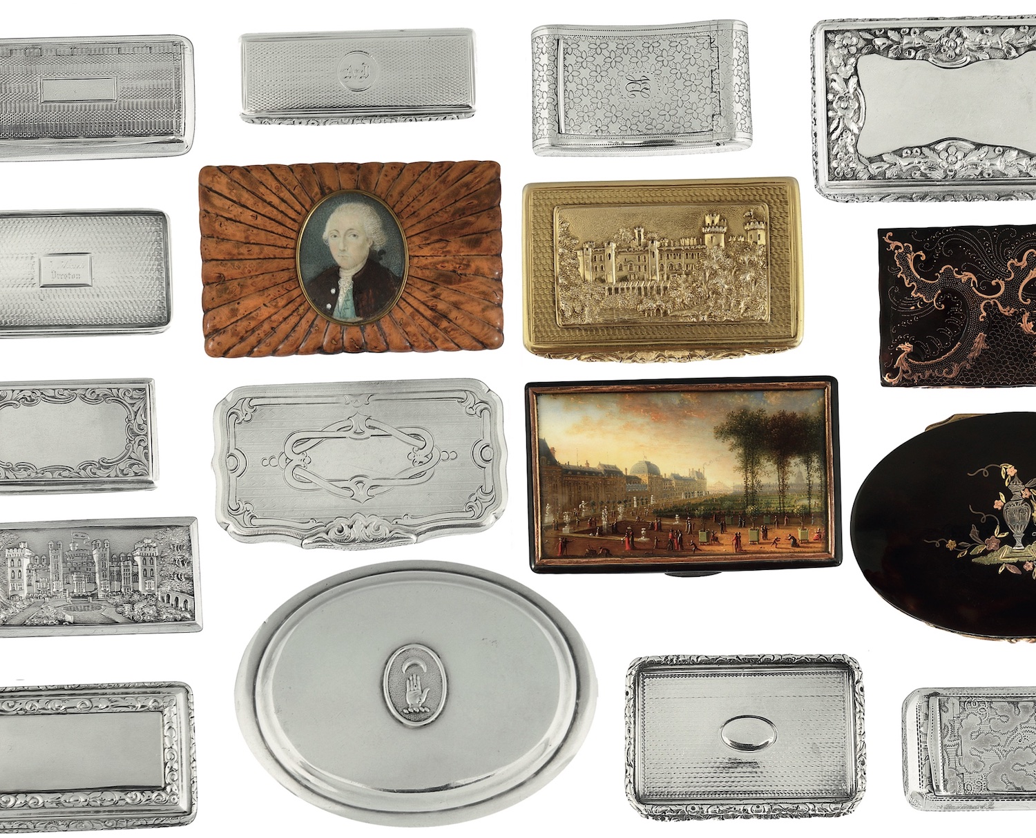 Various examples of antique snuff boxes