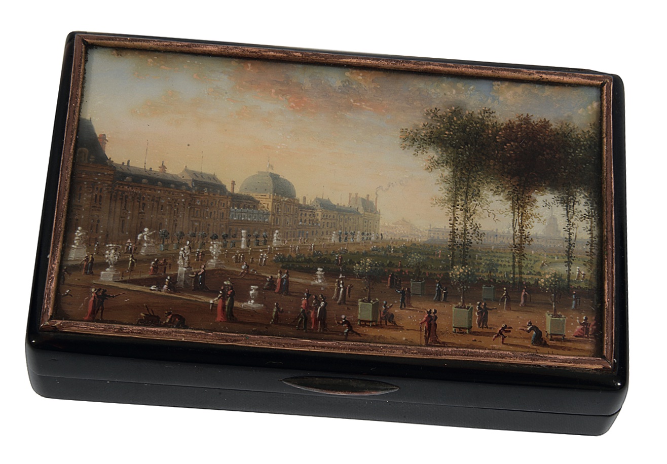 An early 19th-century French tortoiseshell boite-a-miniature, with a view of Tuilleries Palace, signed Lebelle