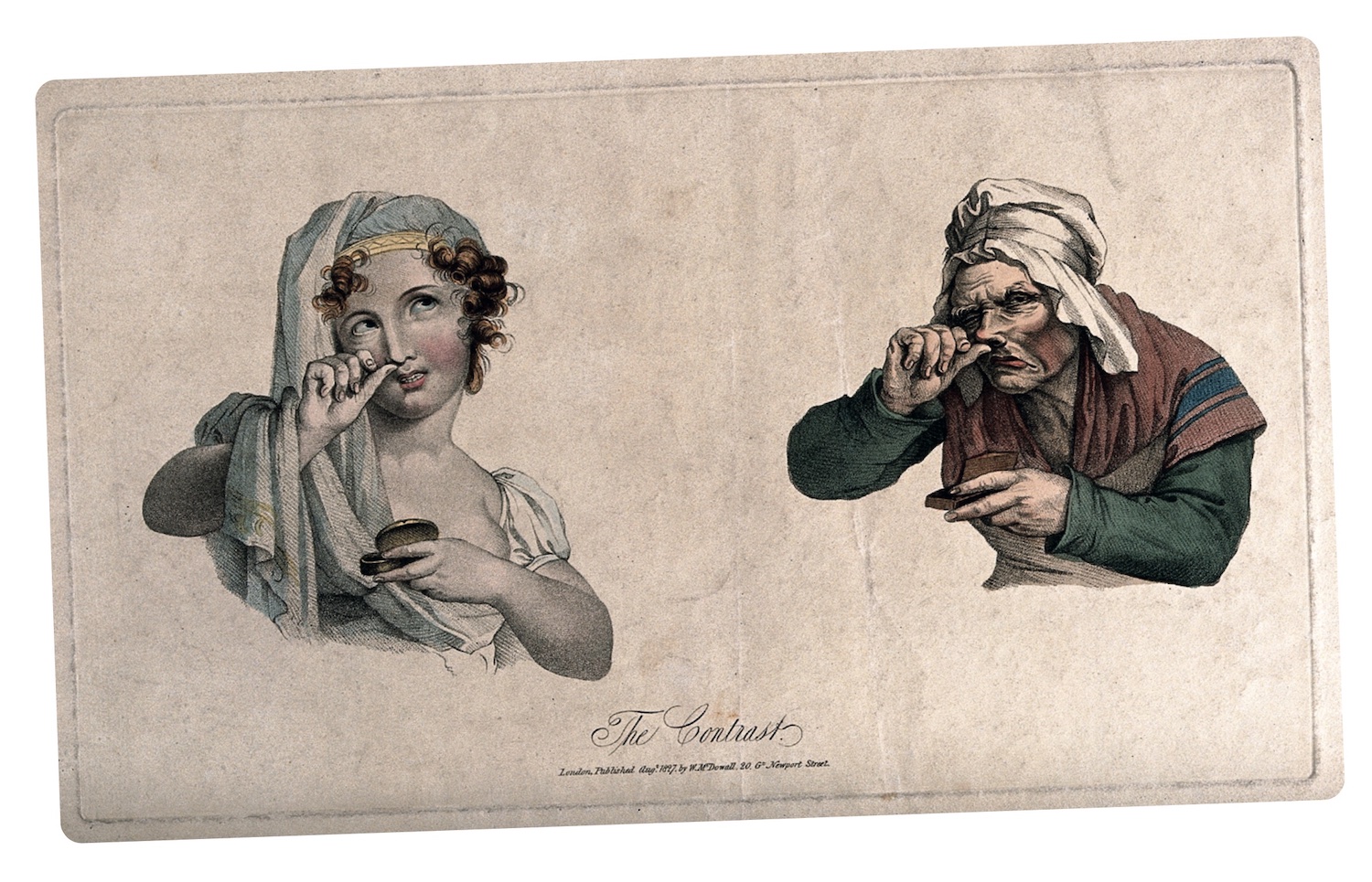 A pretty girl and an ugly old woman both taking snuff, August 1827, coloured lithograph.