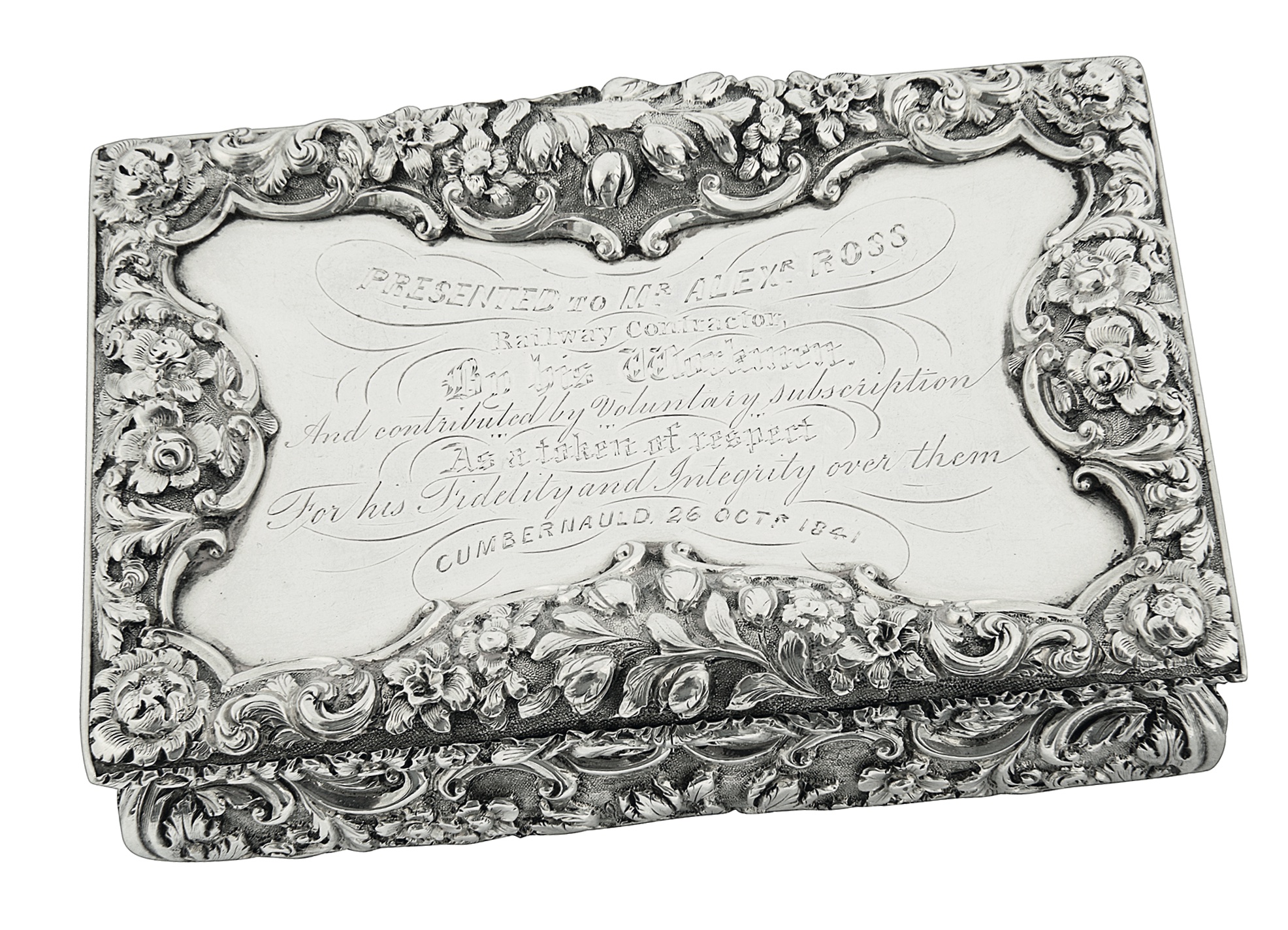 Nathaniel Mills (active 1826-1850) an early Victorian silver presentation table snuff box, Birmingham, 1840