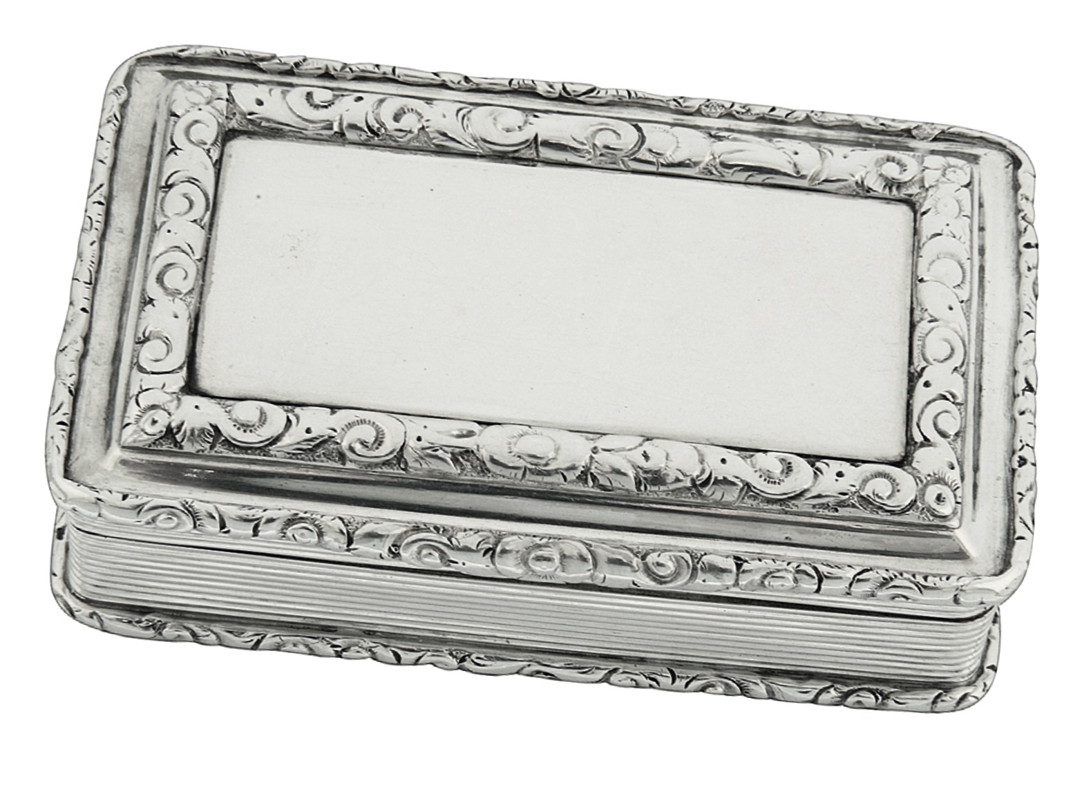 Nathaniel Mills (active 1826-1850) an early Victorian silver snuff box. Birmingham, 1841, with foliate scroll borders, length 7.3cm. weight approx. 2.83ozt.