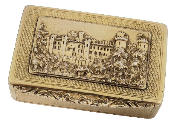 John Bettridge (active 1817–1830) a George IV silver-gilt snuff box with a view of Warwick Castle. Birmingham, 1825, length 7.7cm, weight approx. 3.64ozt.