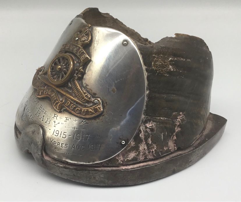 An antique silver-mounted horse hoof relating to a horse named 'Baby' killed in action at Ypres in 1917