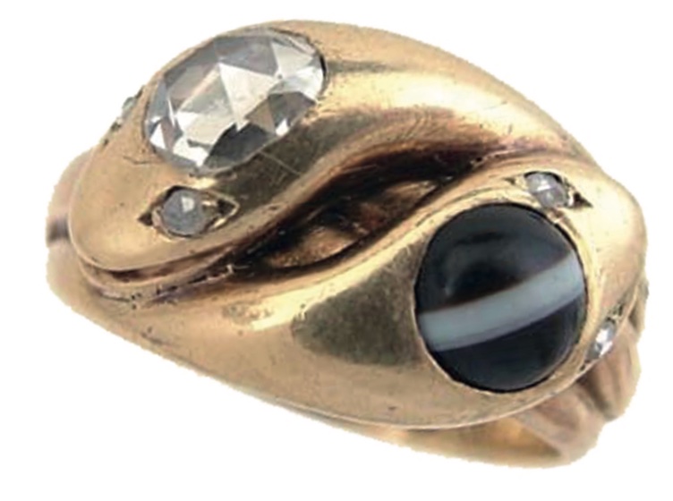 A late- Victorian diamond and banded agate snake ring