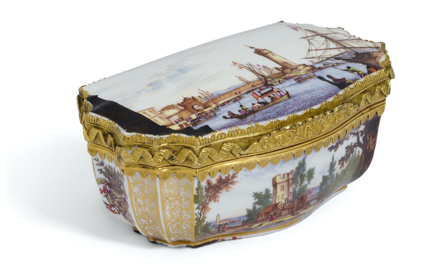 A gilt-metal-mounted Meissen porcelain large snuff-box and coverwith the port in Naples,
circa 1735