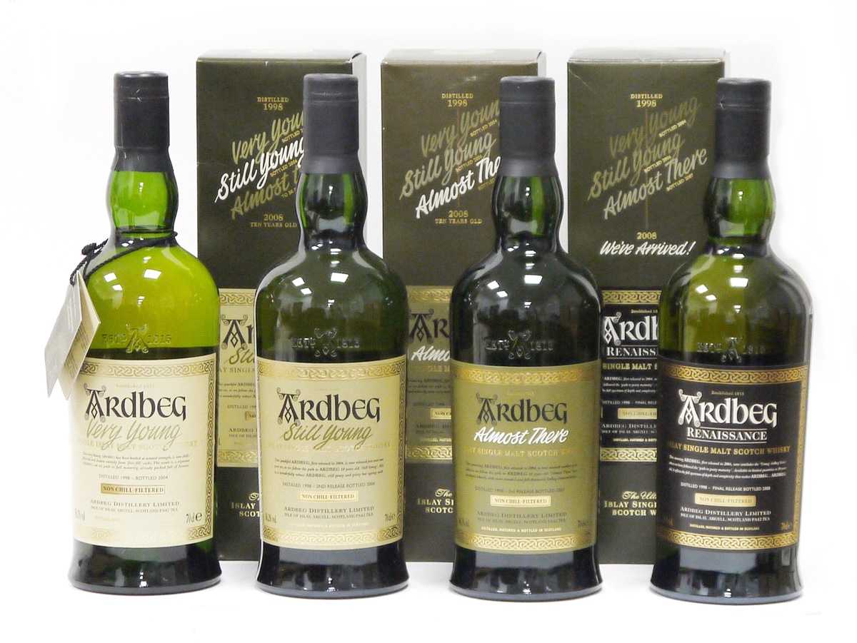 A collection of Ardbeg single malt Scotch whiskies