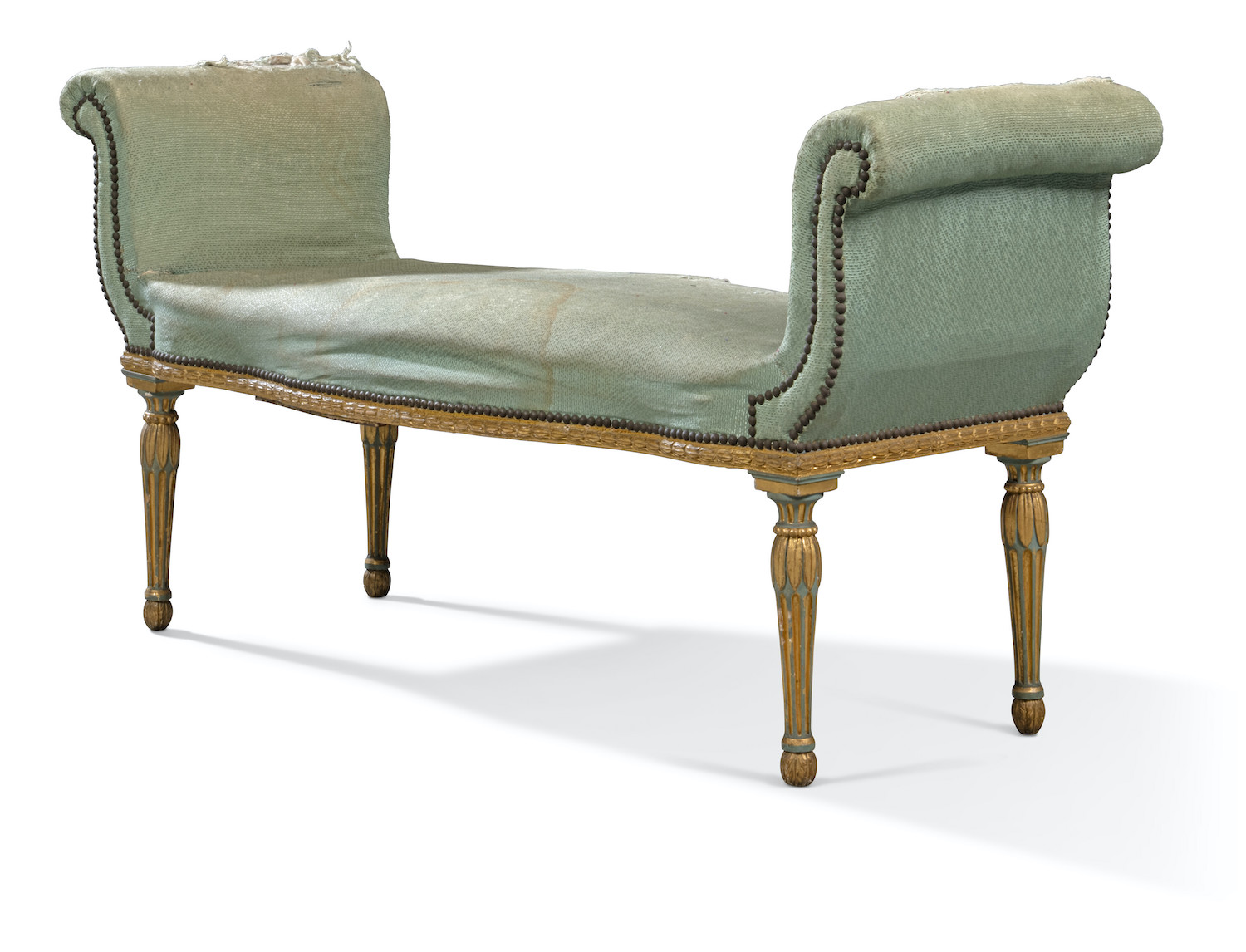 Thomas Chippendale pair of George III parcel-gilt and blue-painted window seats