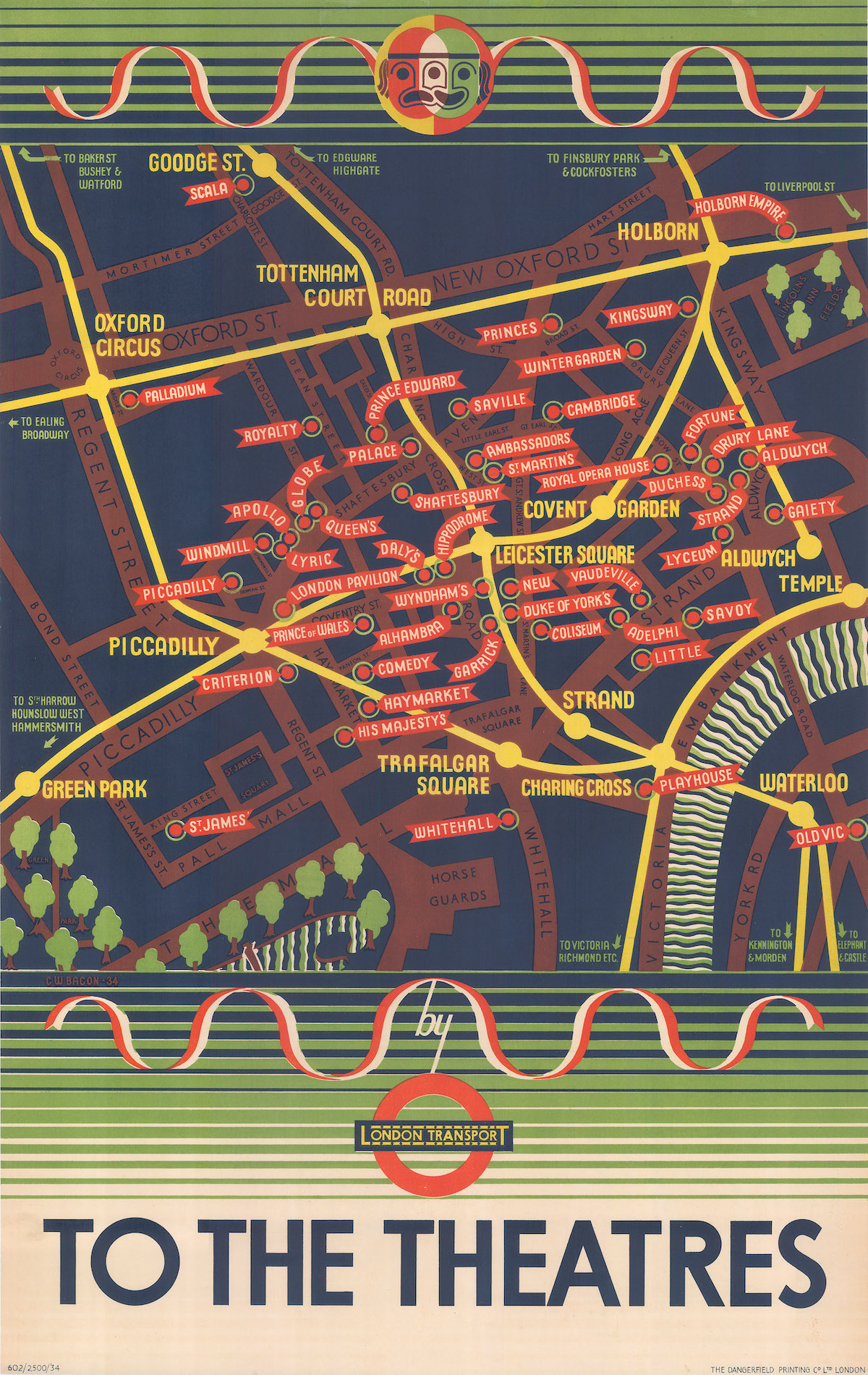 'To The Theatres' map by Cecil Walter Bacon, 1934