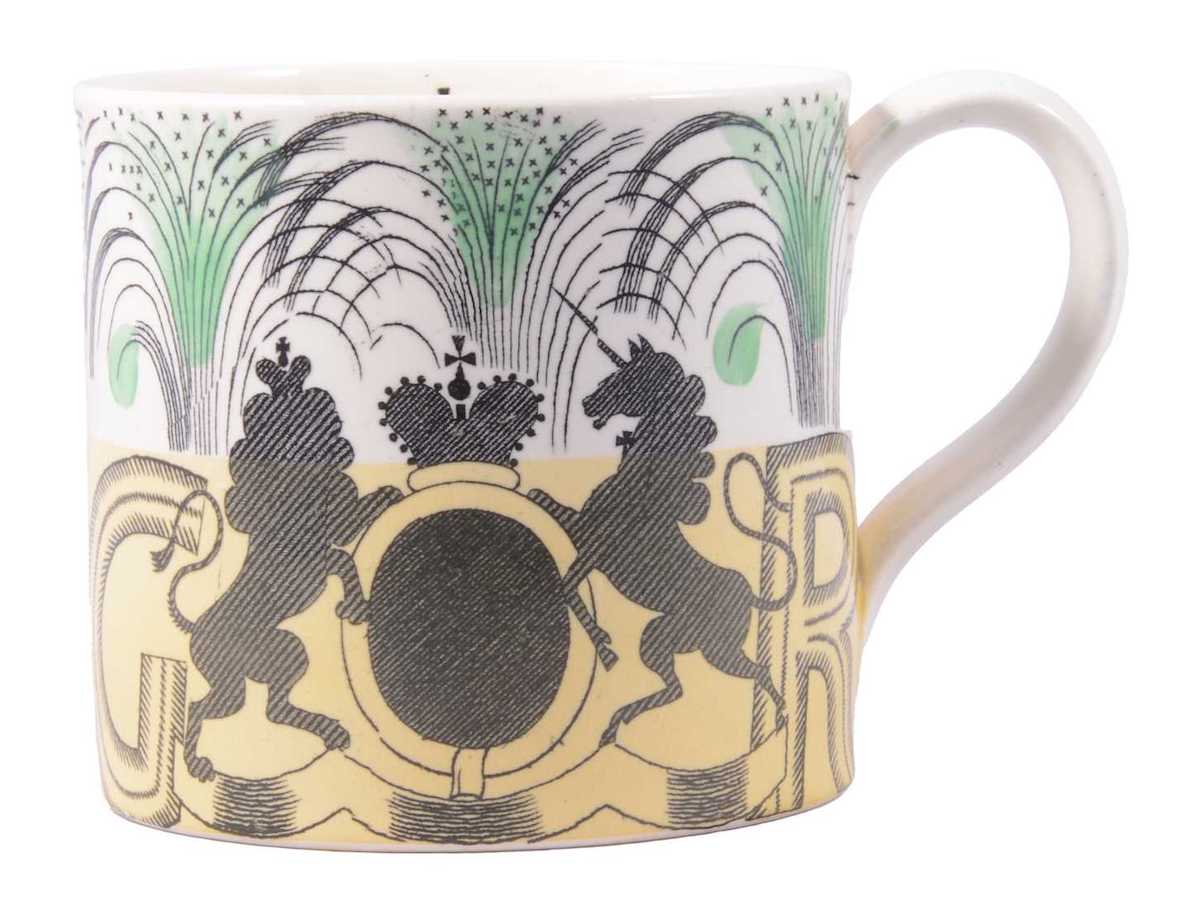 A souvenir mug designed by British artist Eric Ravilious for Wedgwood