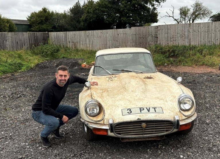 Man with a Jaguar E-Type found in a barn