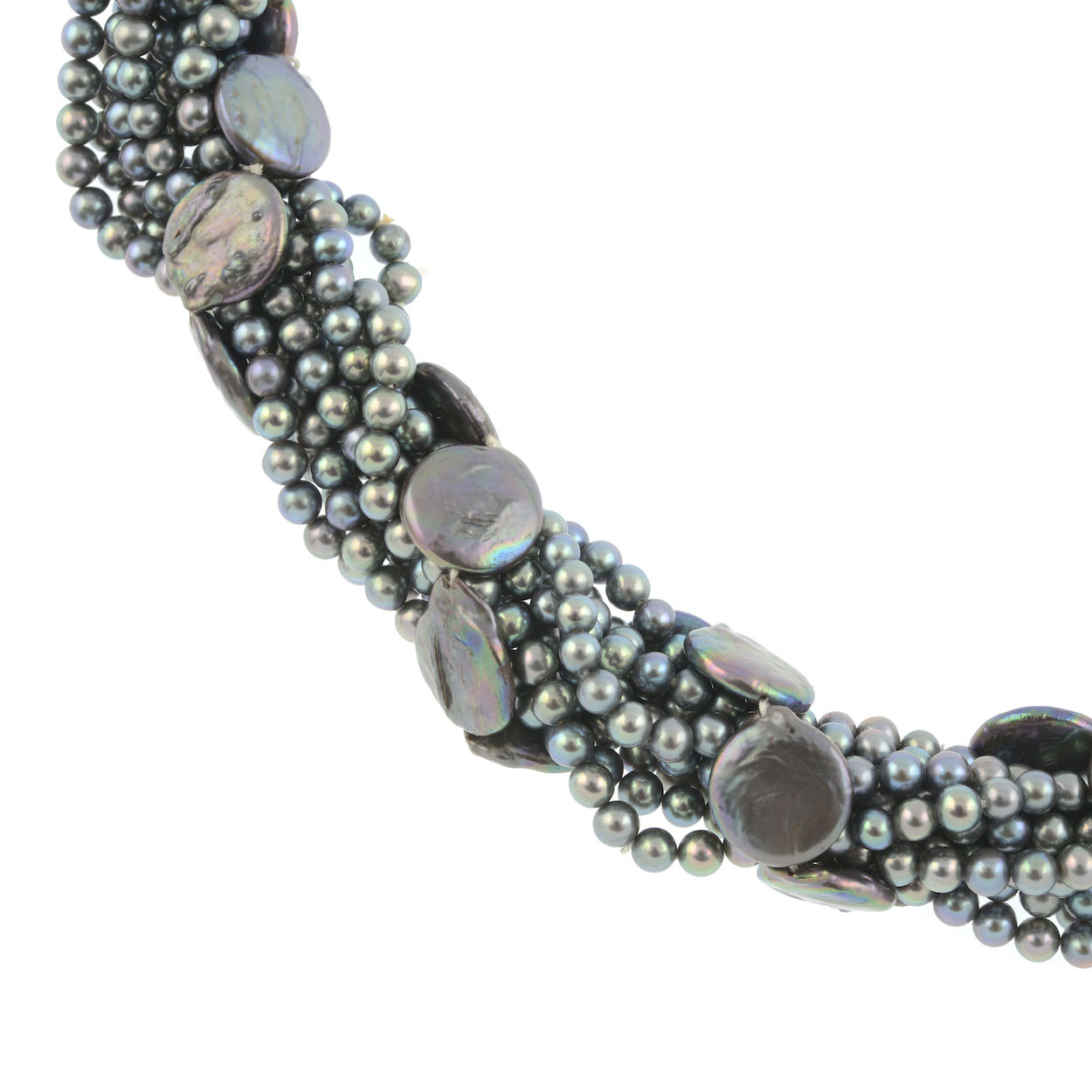 Grey cultured pearl multi-row intertwined necklace