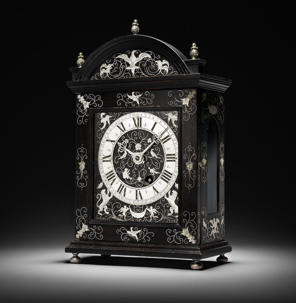 A fine and very rare late 17th century French silver-inlaid ebony ‘Pendule Religieuse’ of small size, John Joyne, Paris, circa 1680