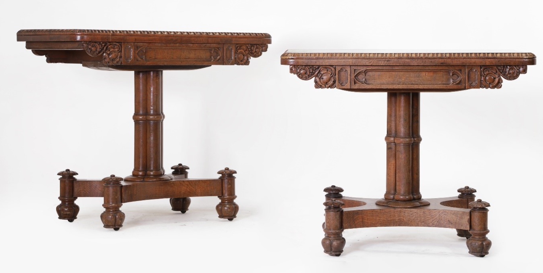 A pair of George IV brown oak card tables, c.1830