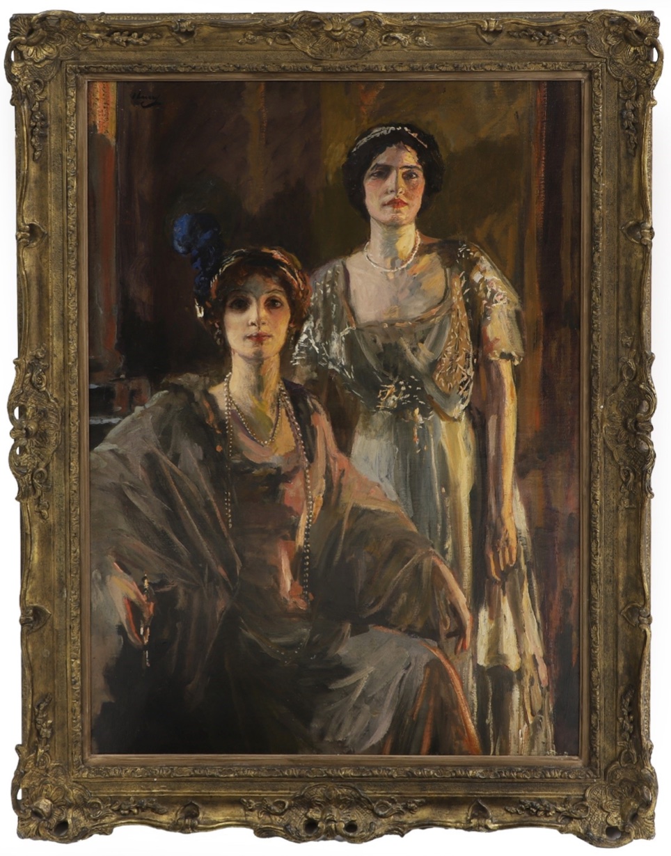 Sir John Lavery RA RSA RHA (Irish, 1856-1941) 'La Belle Mère' - portrait of the artist's wife Hazel and his daughter Eileen, signed 'J Lavery', also signed, inscribed with title and dated 1911 verso, oil on canvas