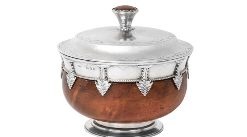 an Arts and Crafts silver-mounted wood mazer bowl and cover by Henry George Murphy