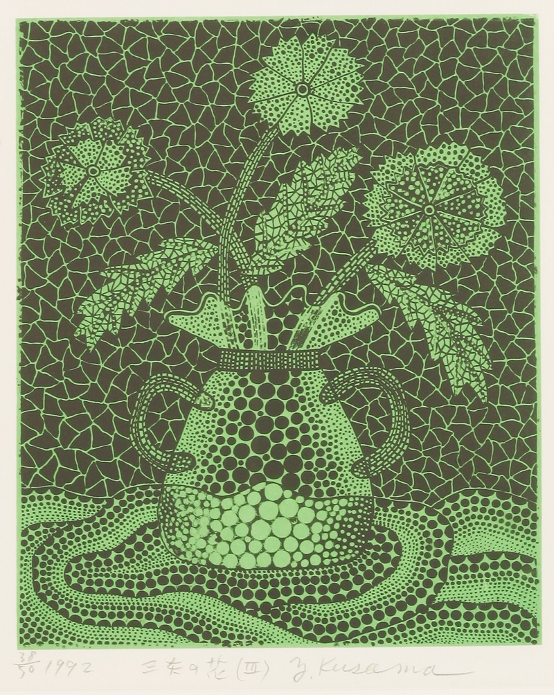 A linocut by Yayoi Kusama entitled THREE FLOWERS III