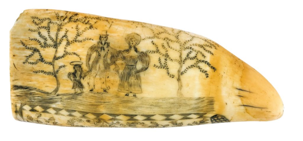 A scrimshaw whale’s tooth, mid 19th century, depicting a mother, father and young child in a landscape, length 15cm (6in), sold for $1,440 (£1,070) at the Eldred’s marine sale in July, 2017