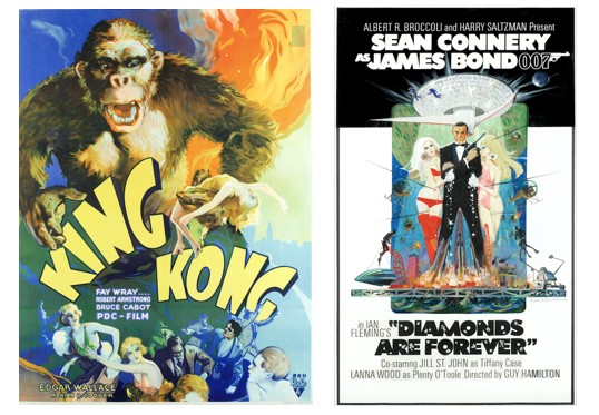 Vintage King Kong film poster and James Bond Diamonds are Forever film poster