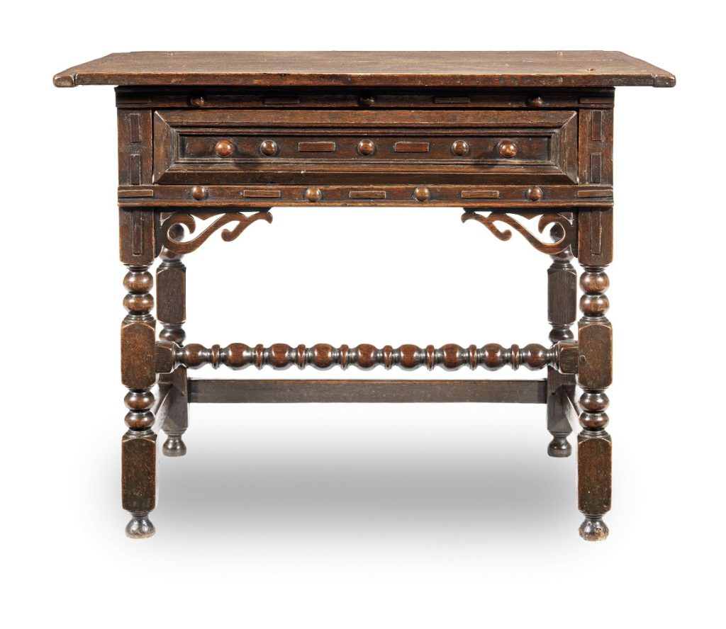 Antique Charles II joined oak and elm side table