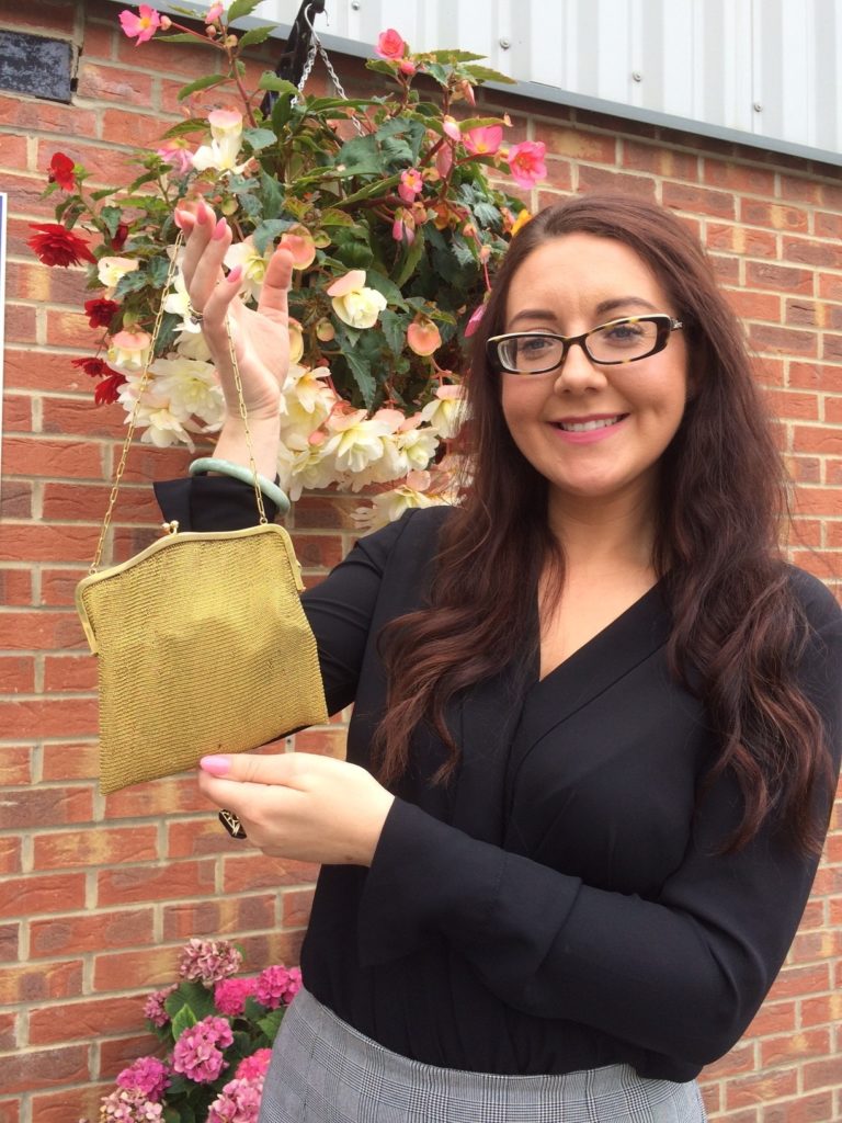 Jane Williams with the art deco gold evening bag