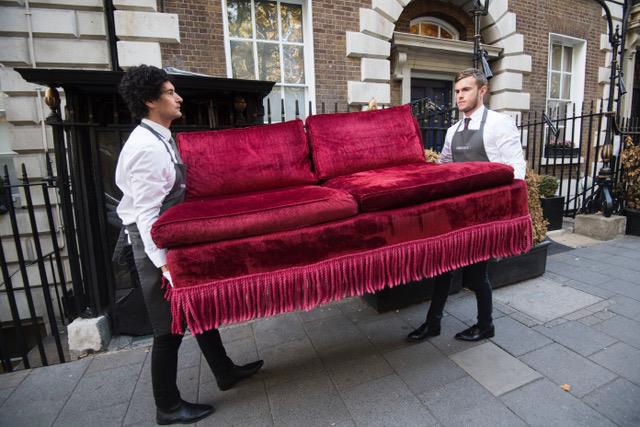 Red velvet sofa in the Annabel's auction next month