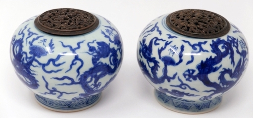 The pair of blue and white Chinese incense burners that sold for £25,000