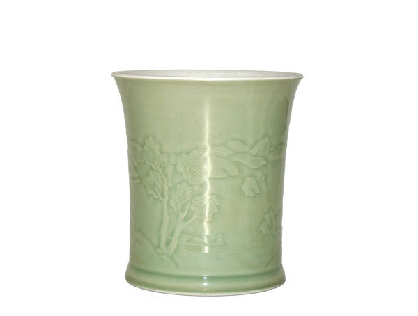 Carved celadon brush pot